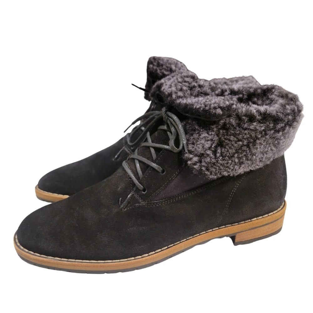 Paul Green Black Suede Lace-Up Ankle Boots with Gray Shearling Cuff - Picture 2 of 13